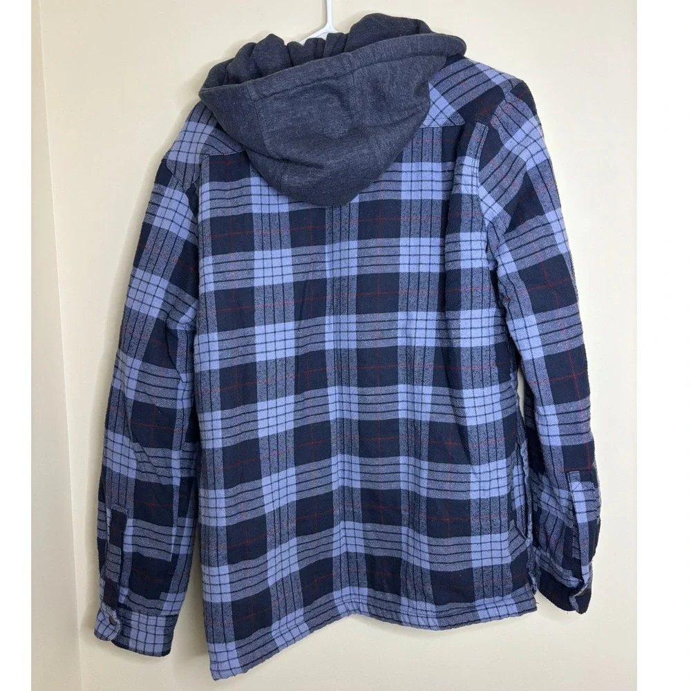 Cloudveil Mens Blue Plaid Sherpa‎ Lined Hooded Flannel Shirt Jacket Medium